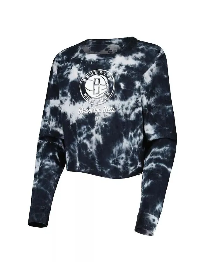 Черная женская укороченная футболка с длинным рукавом Brooklyn Nets Tie Dye New Era — изображение 3 из 3, черный