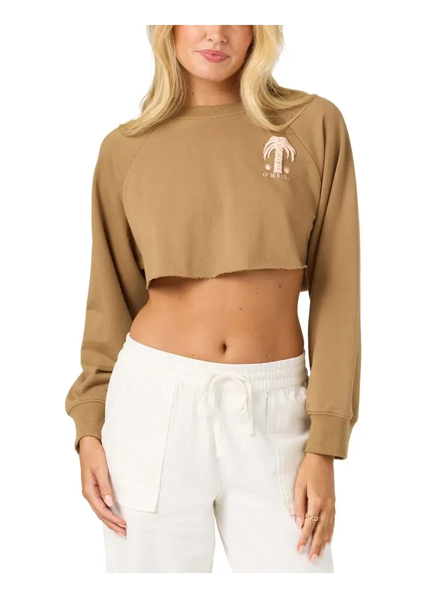 Свитшот женский с принтом Palm Raw Edge Crop Fleece Crewneck O'Neill — изображение 1 из 5, темный хаки