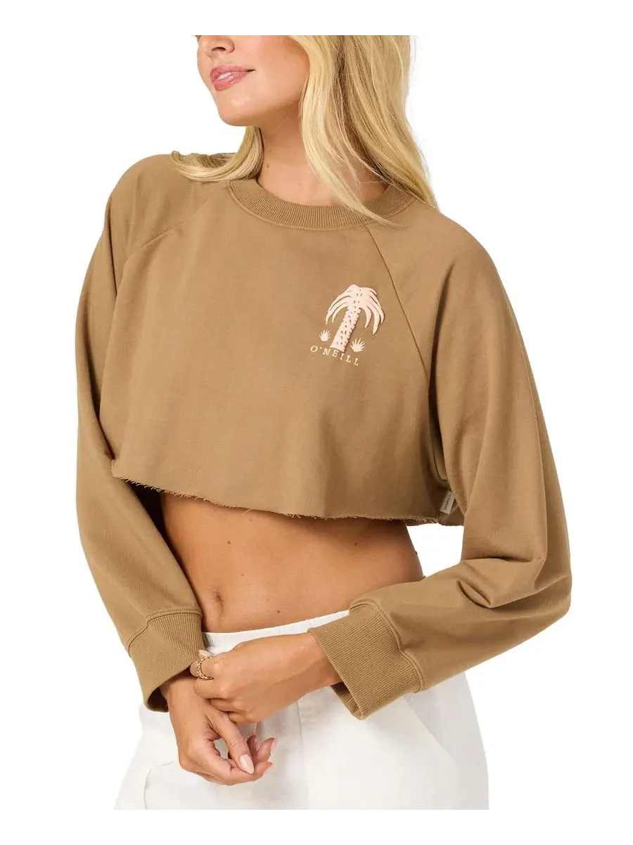 Свитшот женский с принтом Palm Raw Edge Crop Fleece Crewneck O'Neill — изображение 3 из 5, темный хаки