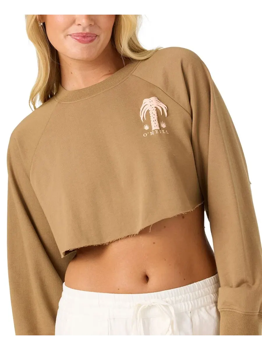 Свитшот женский с принтом Palm Raw Edge Crop Fleece Crewneck O'Neill — изображение 4 из 5, темный хаки