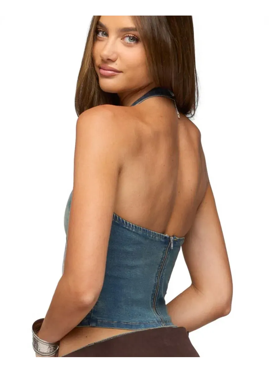 Джинсовый топ-халтер без рукавов Cecie Denim Halter Top Edikted — изображение 2 из 5, синий