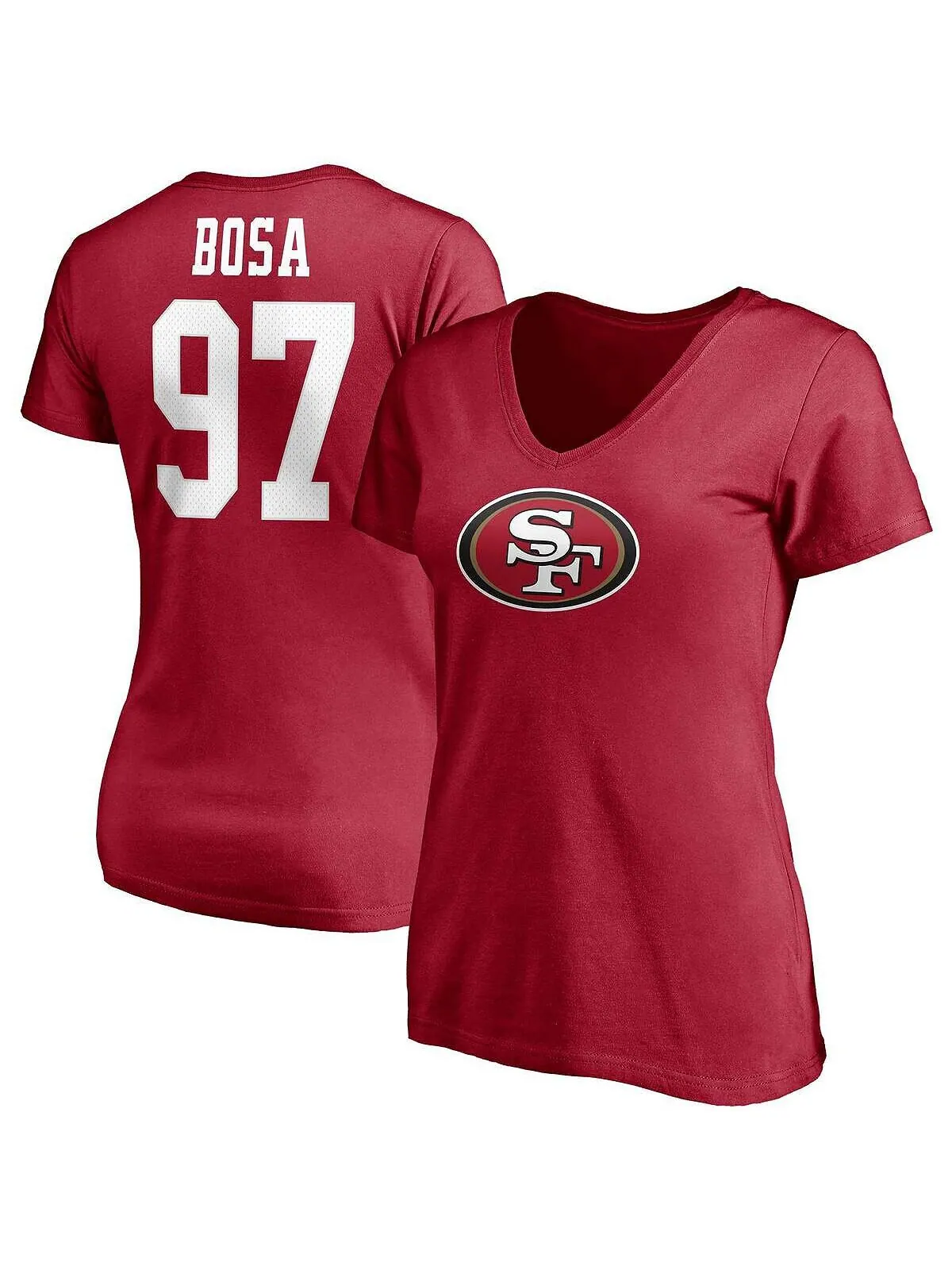 Женская футболка с v-образным вырезом и именем и номером игрока команды Nick Bosa Scarlet San — изображение 1 из 3, алый