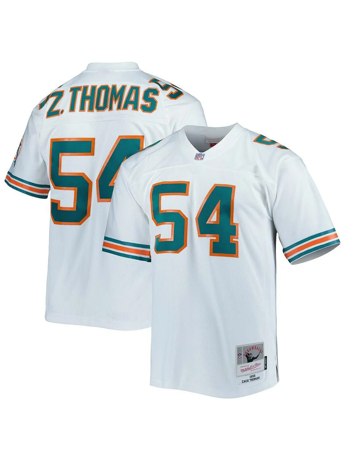 Мужская футболка Zach Thomas White Miami Dolphins 1996 Legacy Replica Mitchell & Ness — изображение 1 из 3, белый