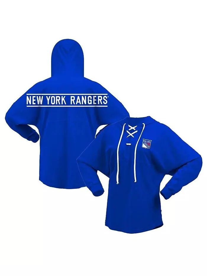Женская синяя футболка с капюшоном New York Rangers Jersey Lace-Up с V-образным вырезом и длинным — изображение 1 из 3