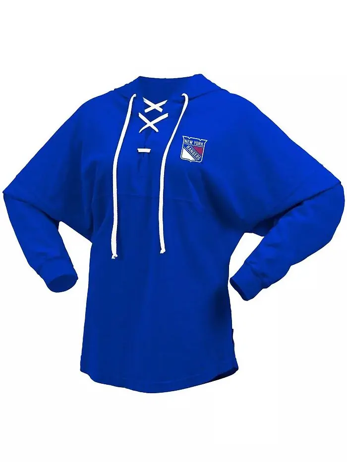 Женская синяя футболка с капюшоном New York Rangers Jersey Lace-Up с V-образным вырезом и длинным — изображение 3 из 3