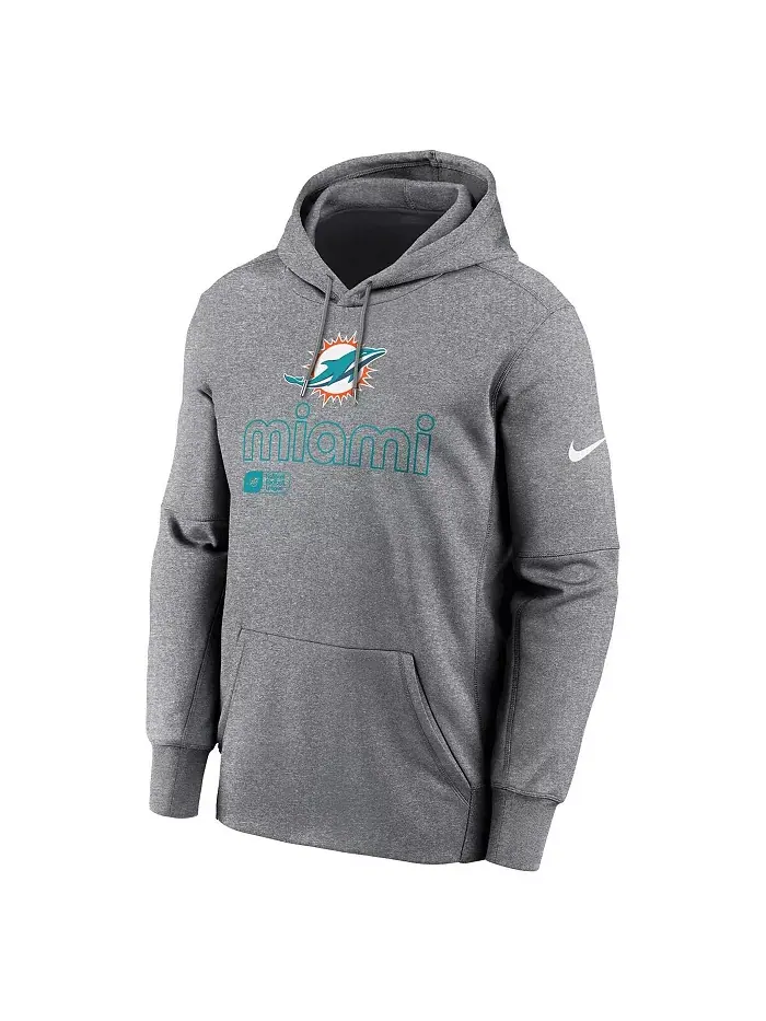 Мужская серая худи Miami Dolphins Performance Pullover Hoodie в рубчик Nike — изображение 2 из 3