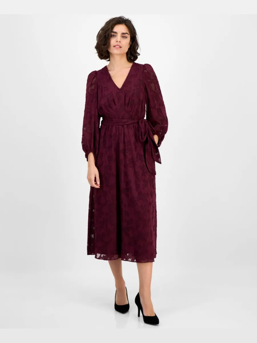 Женское жаккардовое платье миди с V-образным вырезом и рукавами 3/4 Anne Klein, Dark Chianti