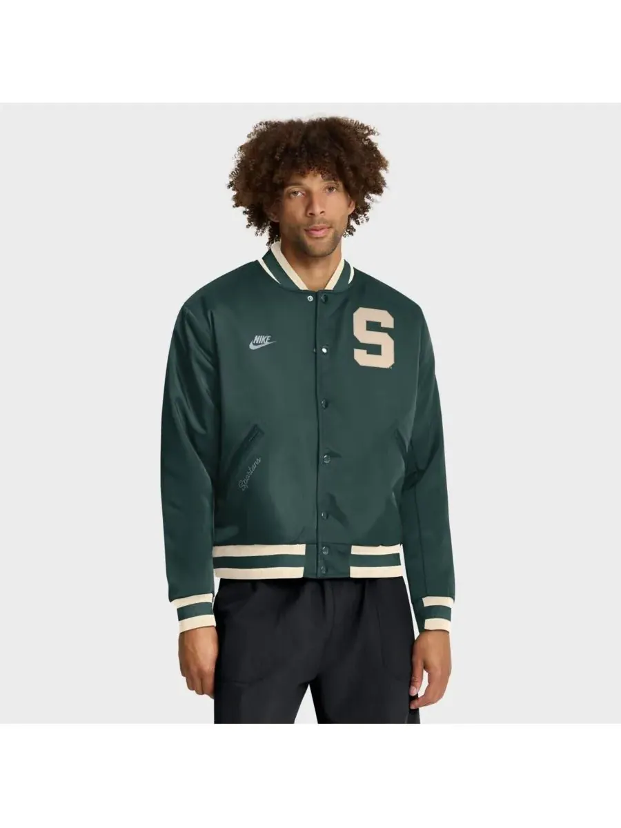 Nike Мужская зеленая куртка-бомбер Michigan State Spartans Legacy с застежкой на кнопках — изображение 1 из 3, зеленый