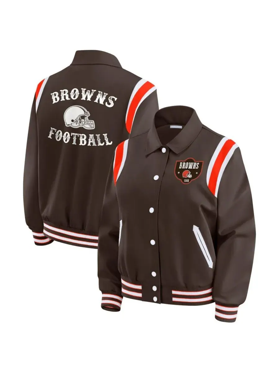 WEAR by Erin Andrews Женская коричневая легкая куртка Cleveland Browns Varsity на кнопках — изображение 1 из 3, коричневый