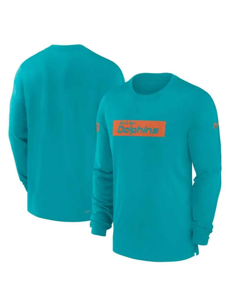 Мужская футболка с длинным рукавом Aqua Miami Dolphins Sideline Player Performance Nike — изображение 1 из 3, голубой