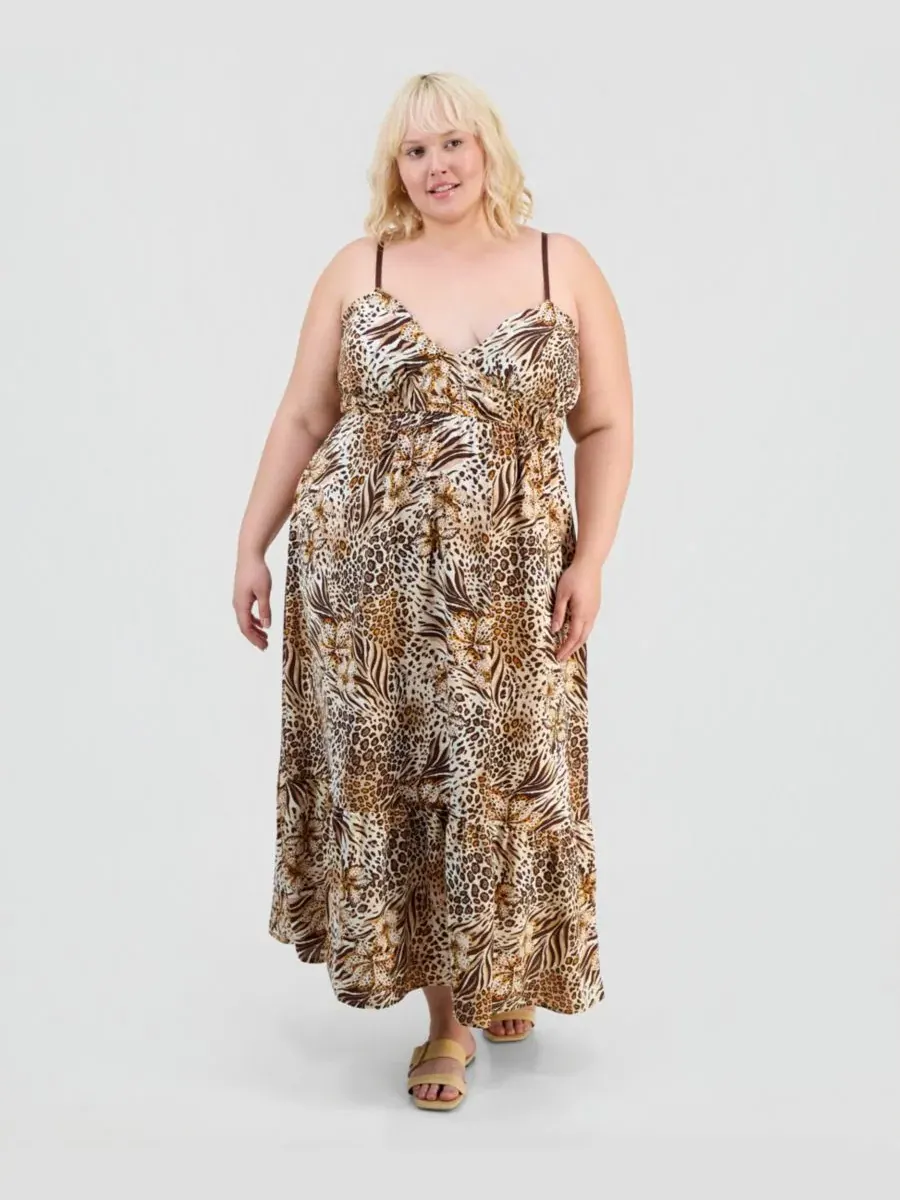 Платье с принтом, имперской талией и баской, модель Trendy Plus FULL CIRCLE TRENDS, Safari Tropical — изображение 1 из 5