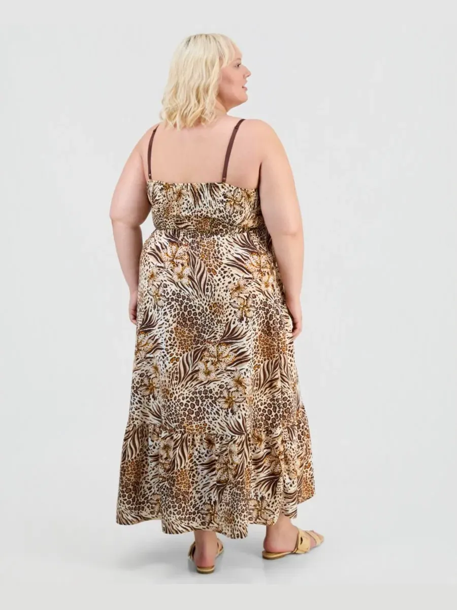 Платье с принтом, имперской талией и баской, модель Trendy Plus FULL CIRCLE TRENDS, Safari Tropical — изображение 5 из 5