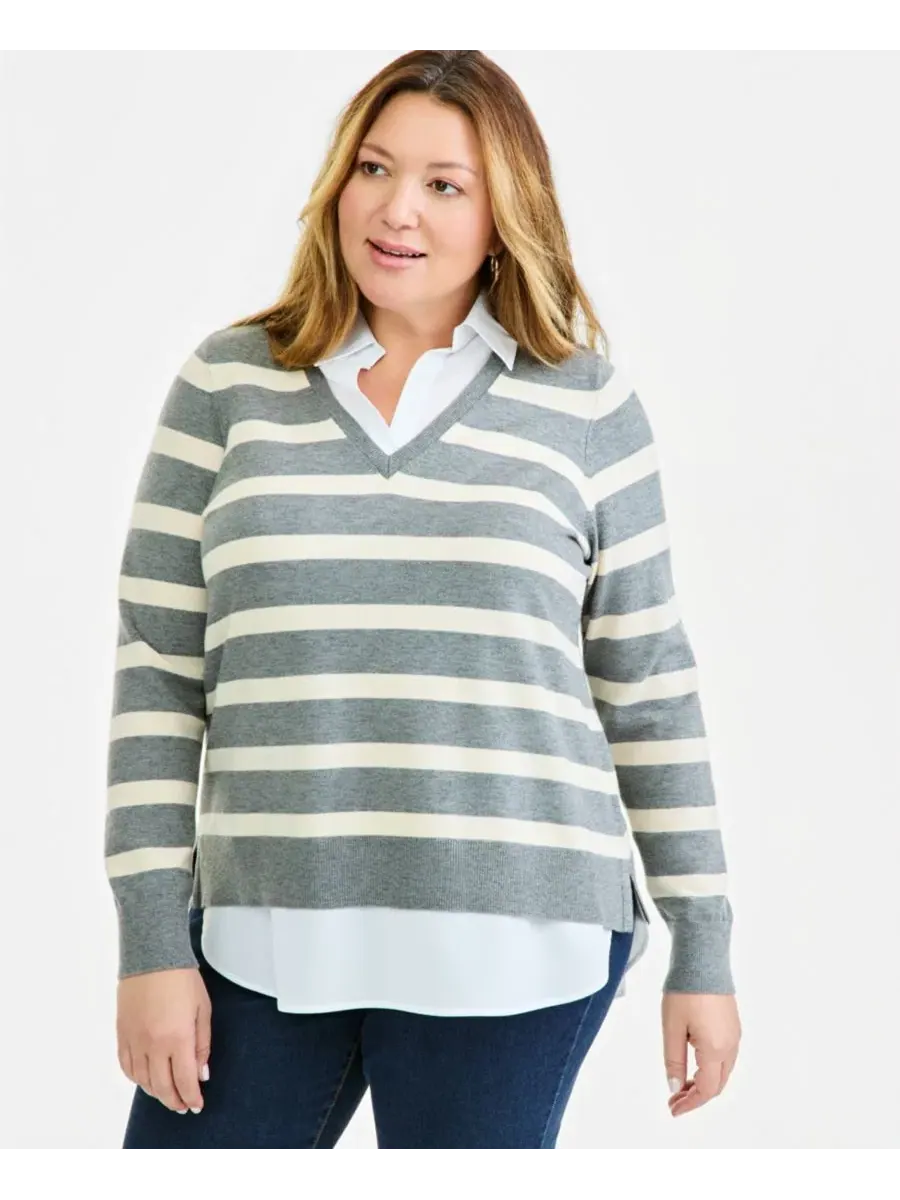Пуловер с V-образным вырезом в полоску с эффектом многослойности Style & Co, Stormy Heather Stripe — изображение 1 из 4