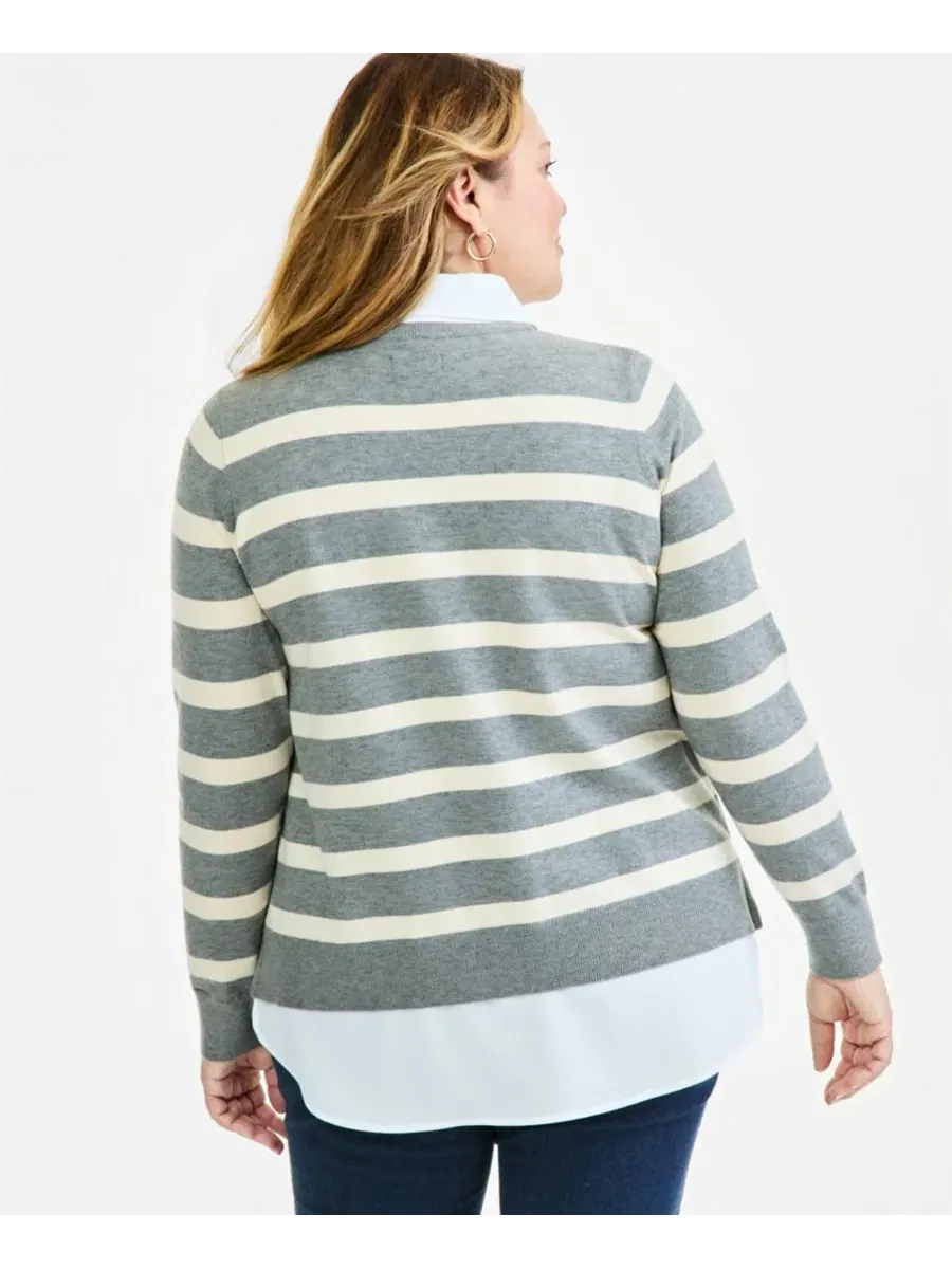 Пуловер с V-образным вырезом в полоску с эффектом многослойности Style & Co, Stormy Heather Stripe — изображение 3 из 4