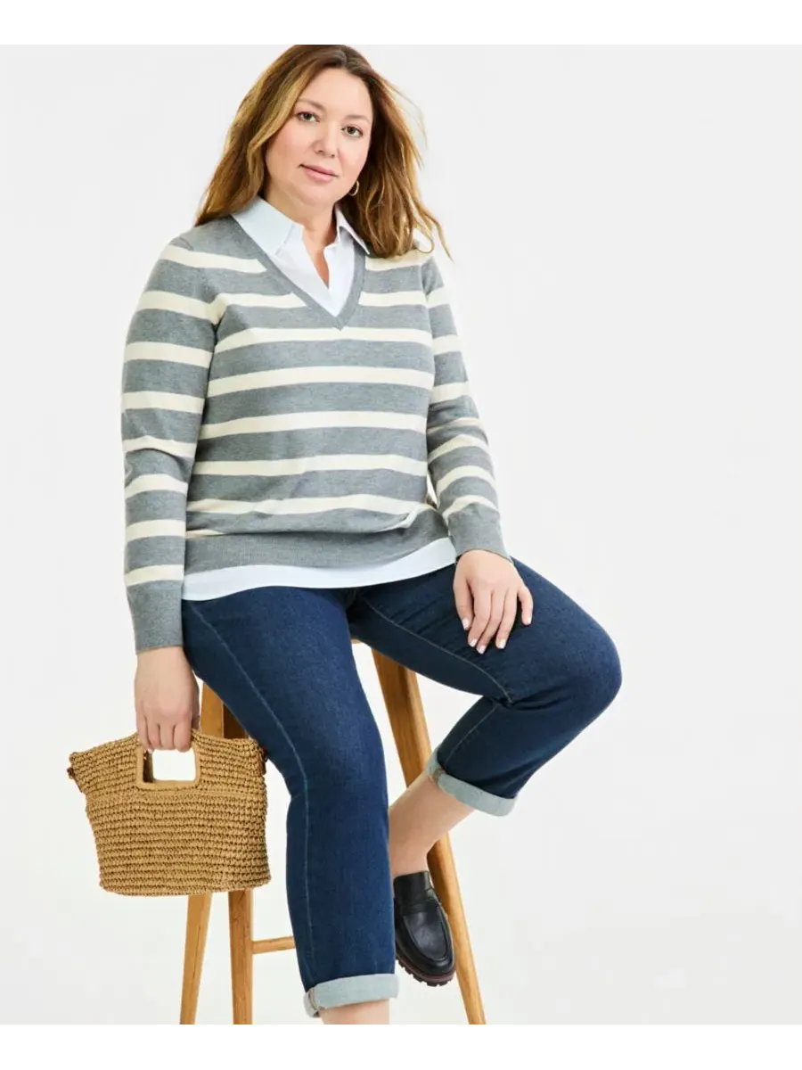 Пуловер с V-образным вырезом в полоску с эффектом многослойности Style & Co, Stormy Heather Stripe — изображение 4 из 4