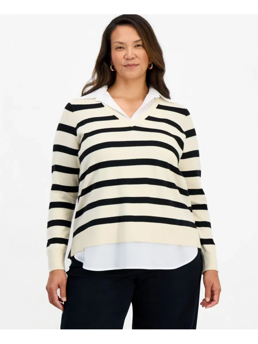 Пуловер с V-образным вырезом и полосатым принтом Plus Size Striped Layered V-Neck Sweater Style &