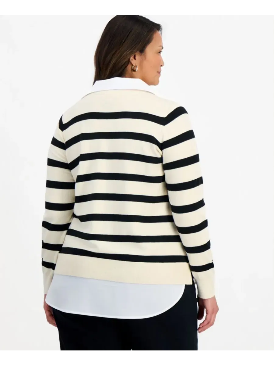 Пуловер с V-образным вырезом и полосатым принтом Plus Size Striped Layered V-Neck Sweater Style & — изображение 3 из 3