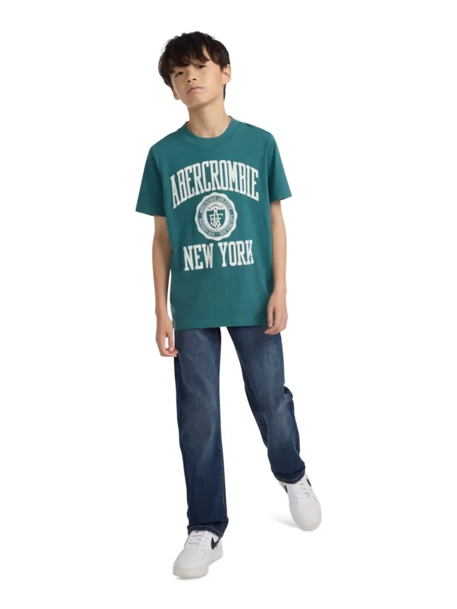 Комплект мальчика: худи с принтом, футболка и джинсы прямого кроя abercrombie kids, For Real — изображение 2 из 12