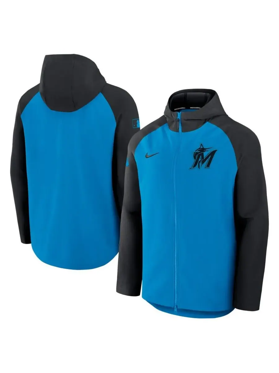 Nike Мужская сине-черная куртка-реглан на молнии из коллекции Miami Marlins Authentic Collection — изображение 1 из 3