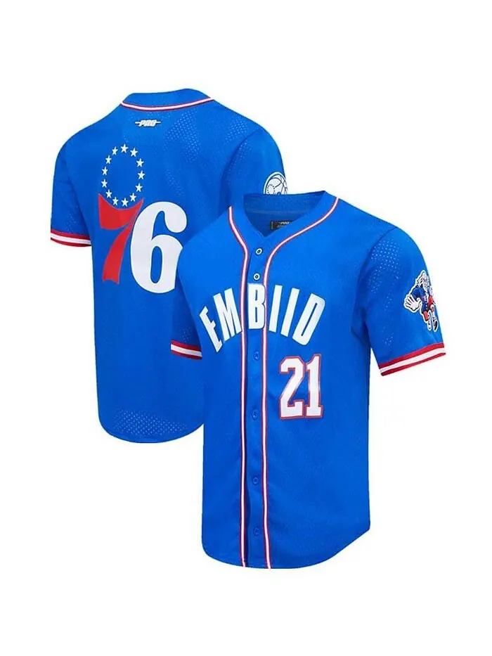 Мужская бейсбольная рубашка на пуговицах Joel Embiid Royal Philadelphia 76ers Capsule Player Pro — изображение 1 из 2