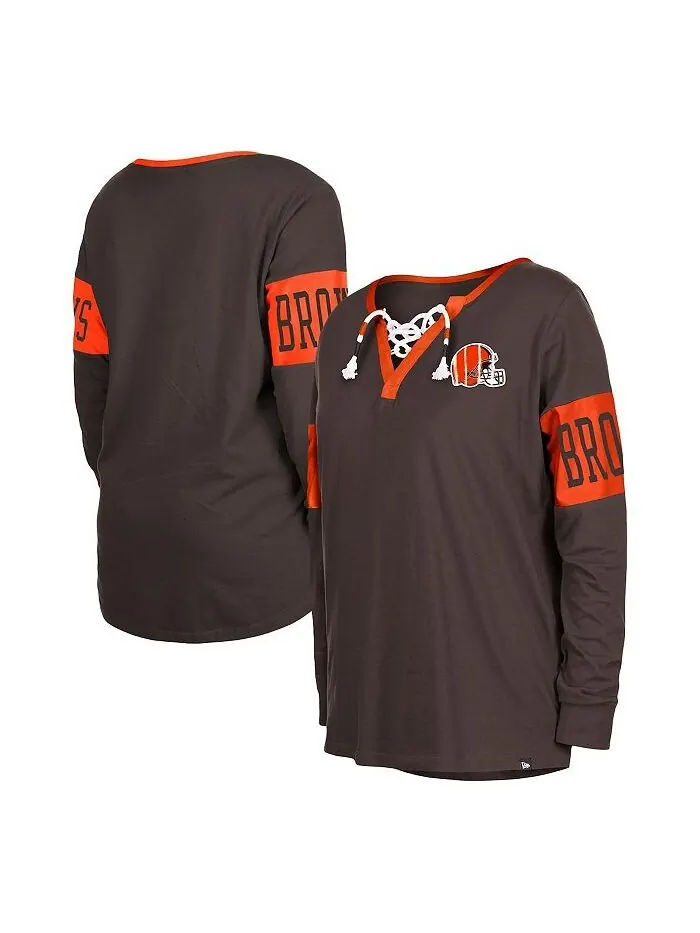 Женская коричневая футболка с длинным рукавом и вырезом на шнуровке Cleveland Browns New Era