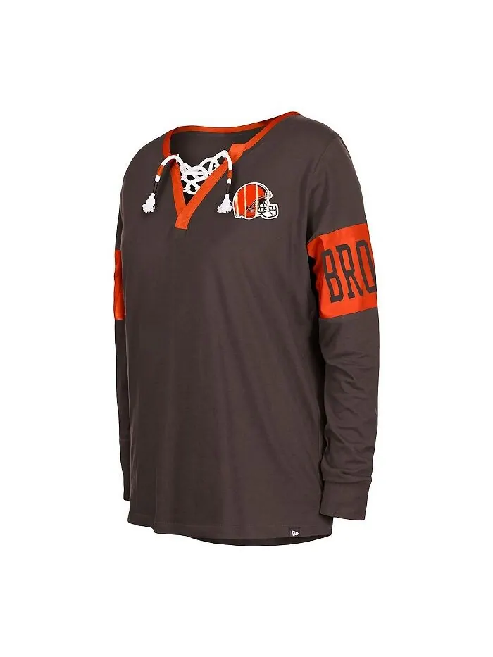 Женская коричневая футболка с длинным рукавом и вырезом на шнуровке Cleveland Browns New Era — изображение 3 из 3, коричневый