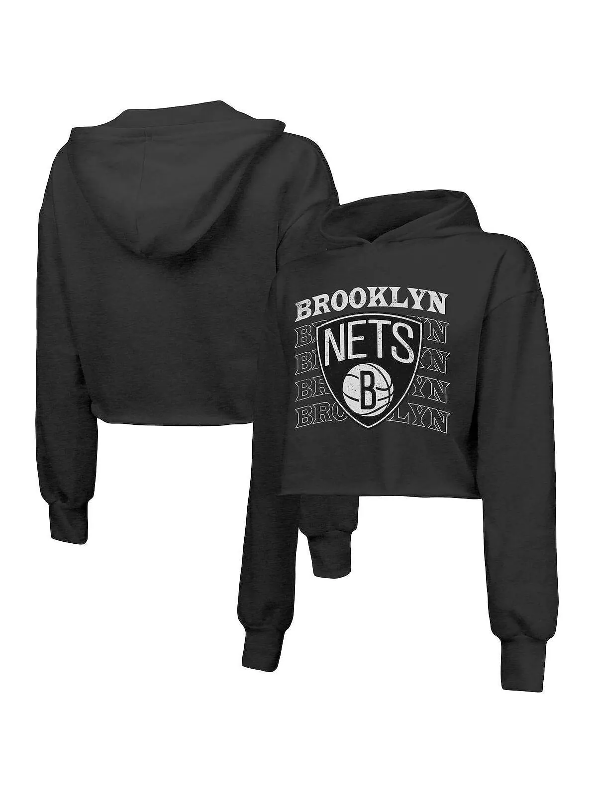 Женский укороченный пуловер из трехслойной ткани с капюшоном Brooklyn Nets черного цвета с — черный