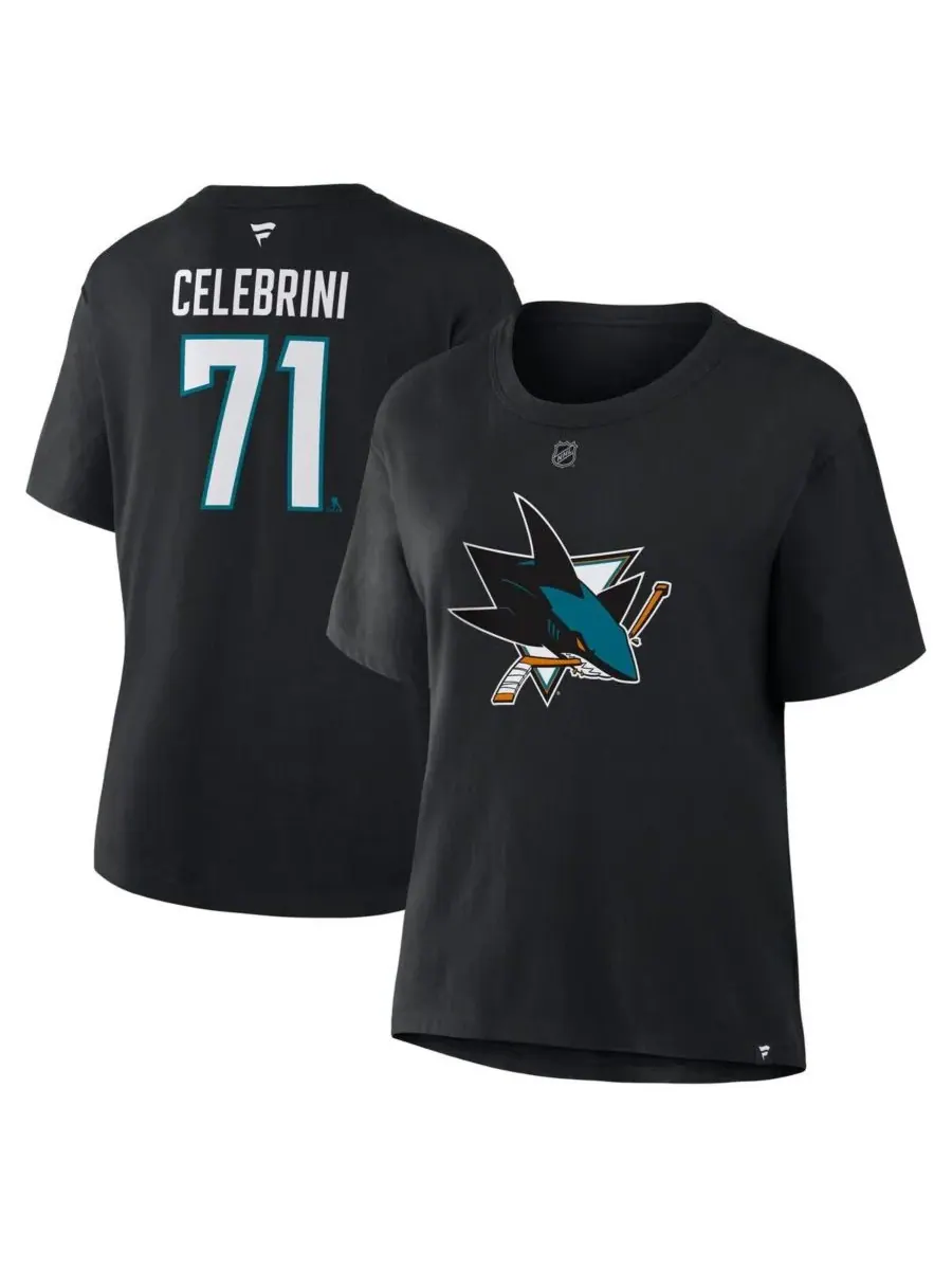Fanatics Женская черная футболка Macklin Celebrini San Jose Sharks Authentic Stack с именем и — изображение 1 из 3, черный