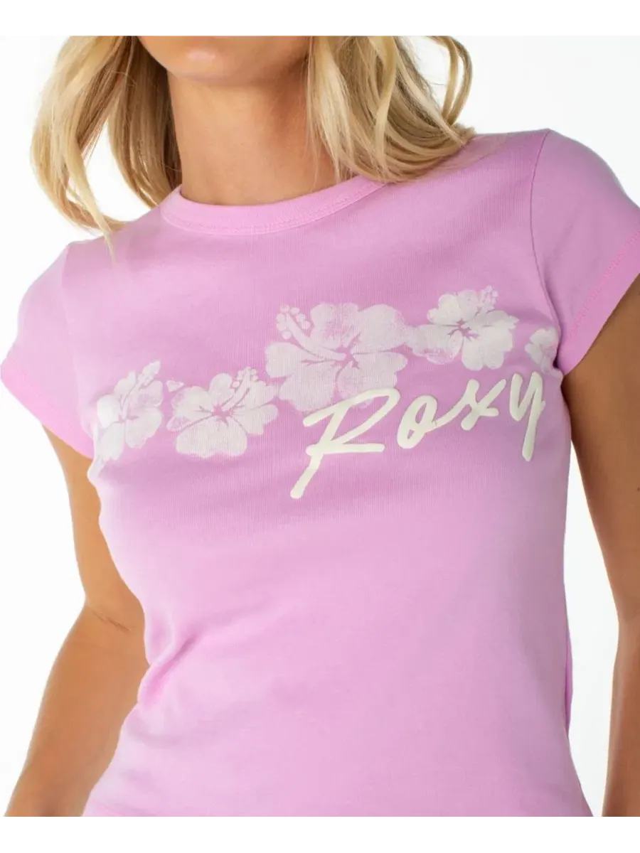 Футболка с принтом 90s Baby Tee Roxy, Pastel Lavender Floating Hibiscus — изображение 4 из 5