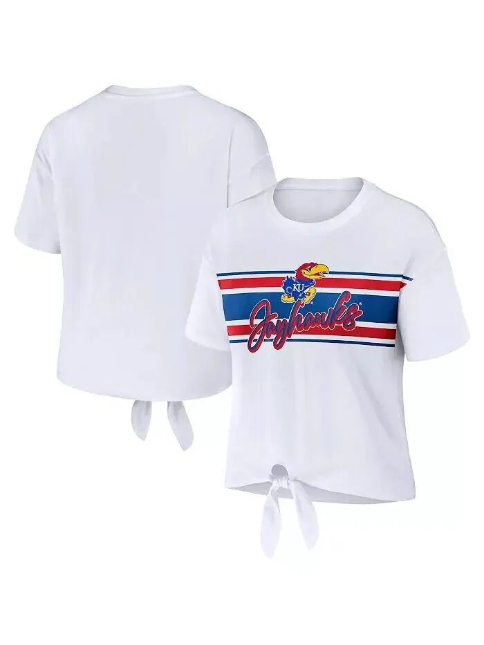 Женская белая укороченная футболка в полоску спереди с узлом Kansas Jayhawks Wear By Erin Andrews