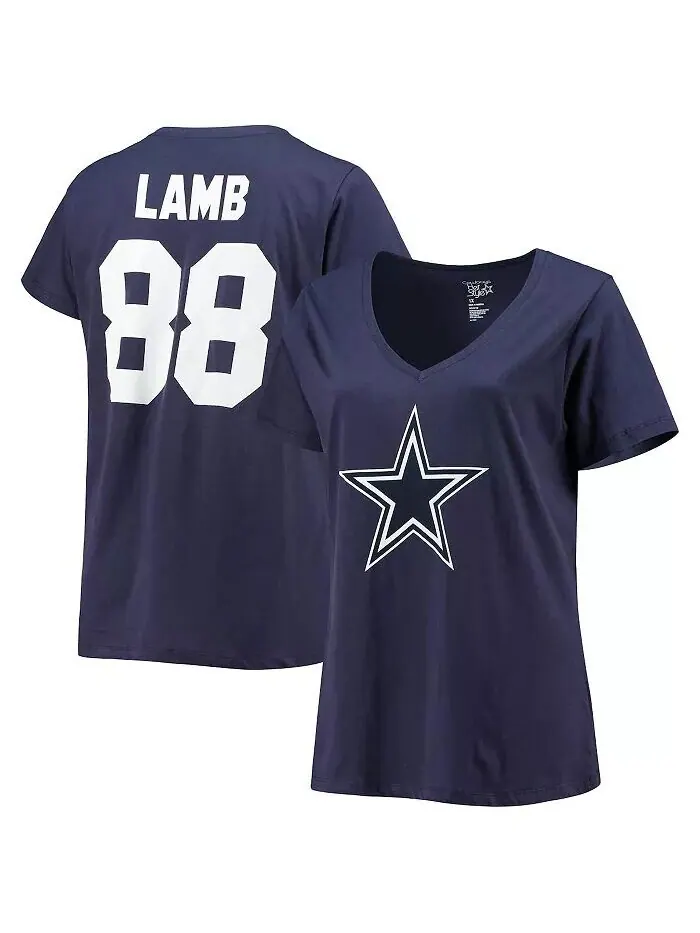 Женская футболка Cee Dee Lamb темно-синего цвета Dallas Cowboys с именем и номером и v-образным — изображение 1 из 3