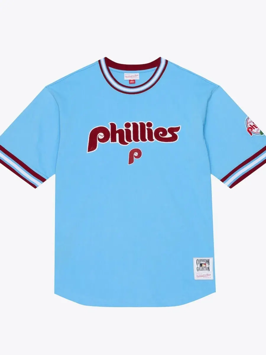 Футболка-рингер с вышивкой Philadelphia Phillies Mitchell & Ness — изображение 1 из 5, светлый синий