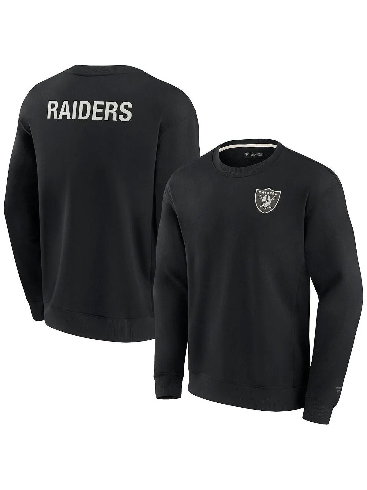 Мужской и женский черный супермягкий пуловер Las Vegas Raiders Crew Sweatshirt Fanatics Signature — изображение 1 из 3