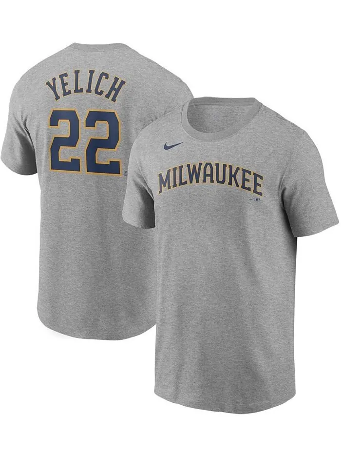 Мужская футболка Christian Yelich Grey Milwaukee Brewers с именем и номером Nike — изображение 1 из 3, серый