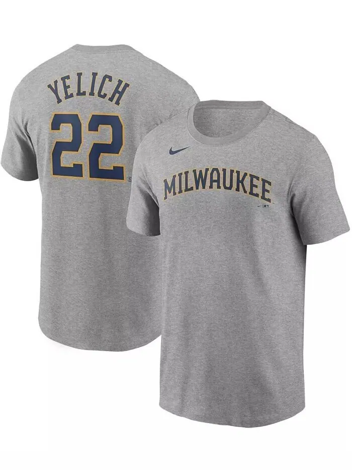 Мужская футболка Christian Yelich Grey Milwaukee Brewers с именем и номером Nike — изображение 1 из 3