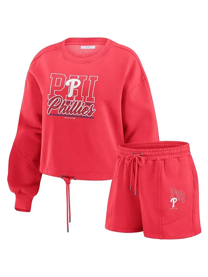 Женский красный комплект одежды Philadelphia Phillies из выстиранного флиса с толстовкой и шортами — изображение 1 из 5