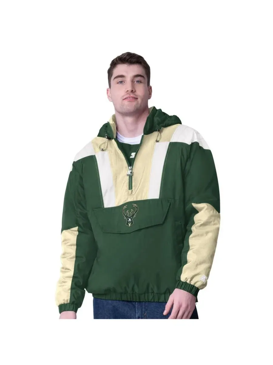 Starter Мужская куртка-пуловер Milwaukee Bucks Charger с половинной молнией — изображение 1 из 2, зеленый кремовый