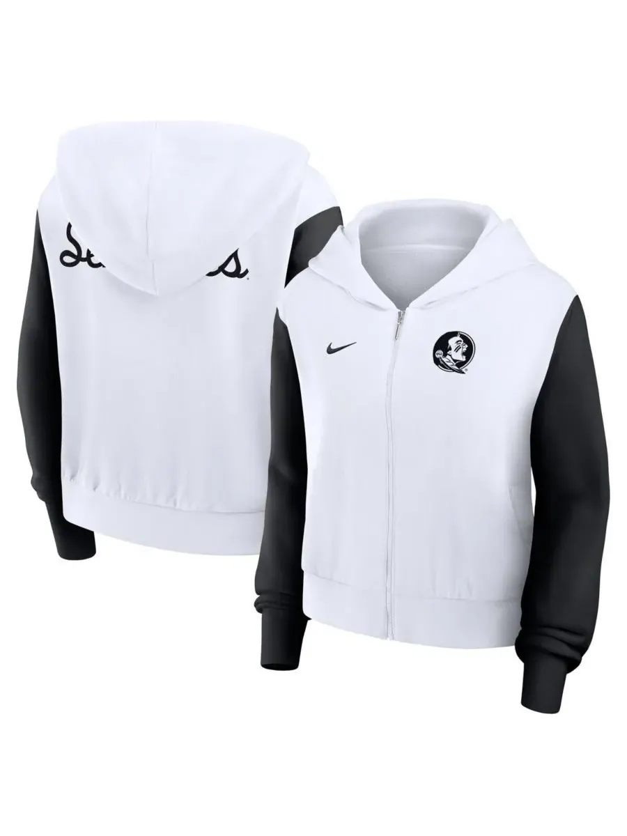 Nike Женская белая укороченная толстовка на молнии с цветными блоками и надписью "Florida State — изображение 1 из 4, белый