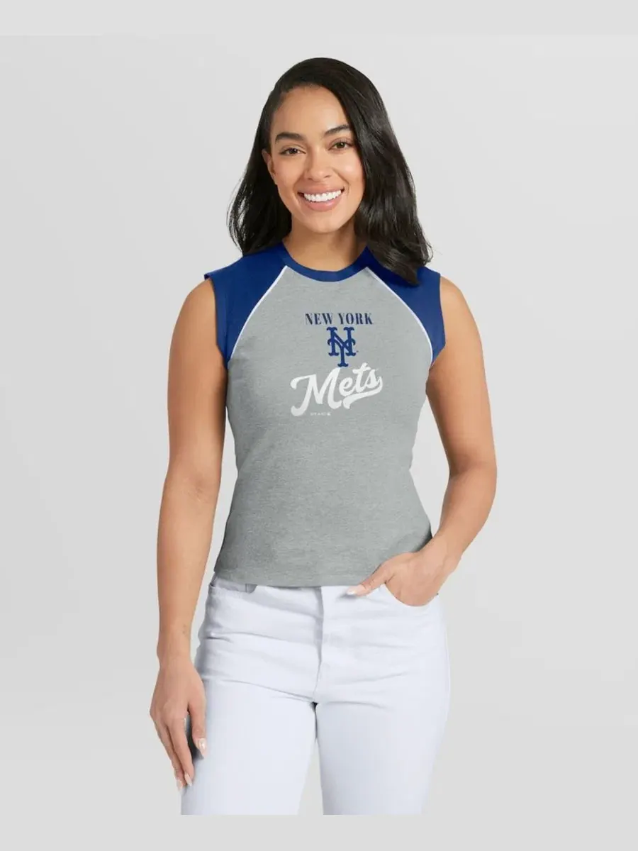 Женский кроп-топ без рукавов с реглан-рукавами, с принтом New York Mets WEAR by Erin Andrews — изображение 1 из 4, серый