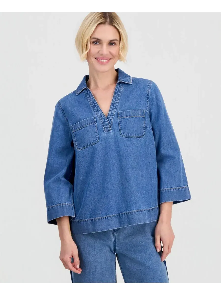Туника из хлопка с 3/4 рукавом и денимовым принтом Style & Co, Margo Wash — изображение 1 из 4