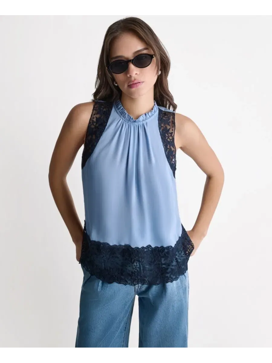 Топ BCBG с высоким вырезом, без рукавов, с кружевной вставкой, Rain Wash — изображение 6 из 10