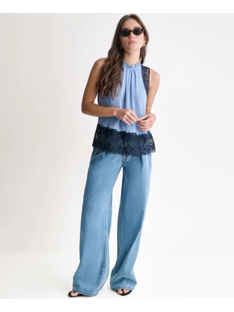 Топ BCBG с высоким вырезом, без рукавов, с кружевной вставкой, Rain Wash — изображение 8 из 10