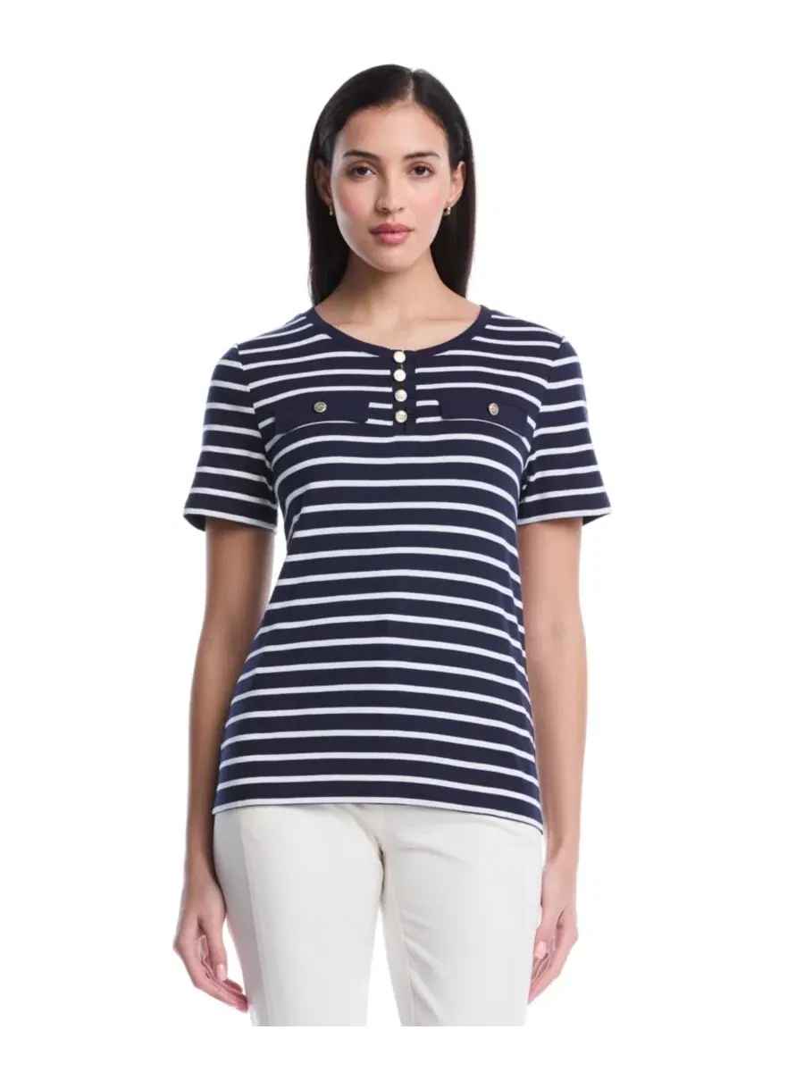 Топ с полосками, с коротким рукавом, модель Petite Striped Welt Pocket Short-Sleeve Rafaella — изображение 1 из 5