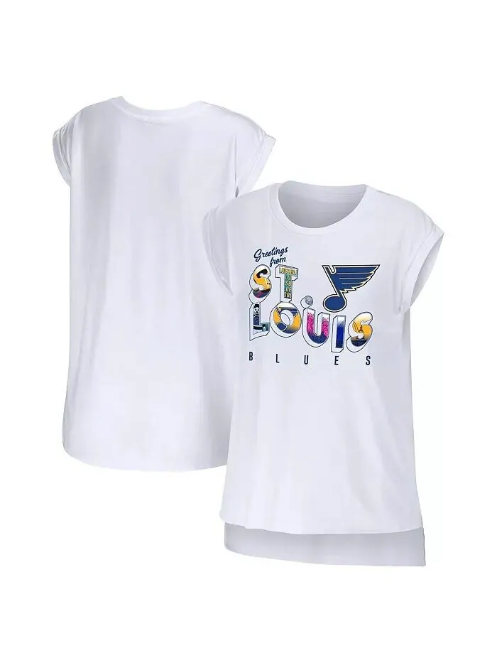 Женская белая футболка St. Louis Blues Greetings From Muscle Wear By Erin Andrews — изображение 1 из 3