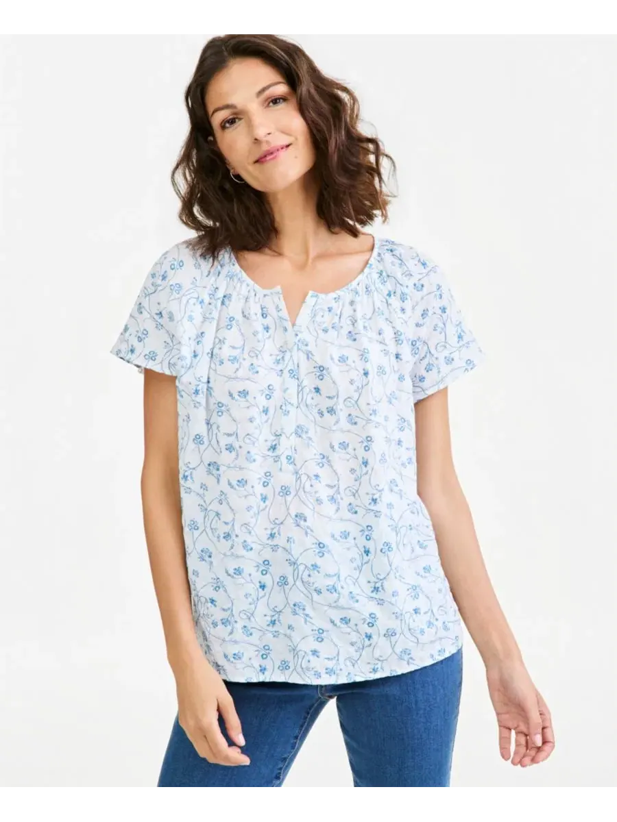 Блузка с коротким рукавом-флаттер и принтом, модель Petite Seersucker Floral Short-Flutter-Sleeve