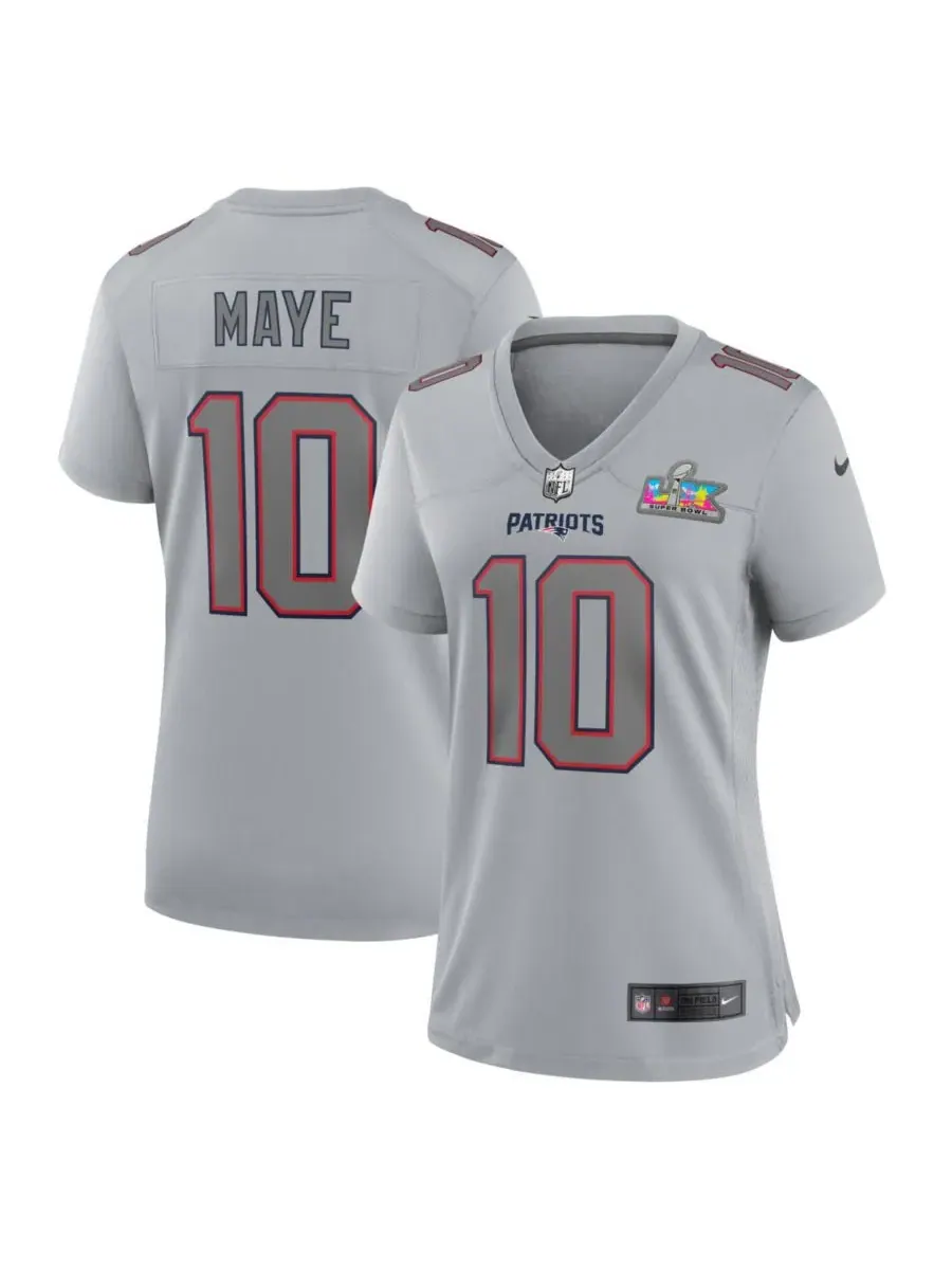 Nike Женская серебристая игровая футболка Drake Maye New England Patriots Super Bowl LX с нашивкой — изображение 1 из 3