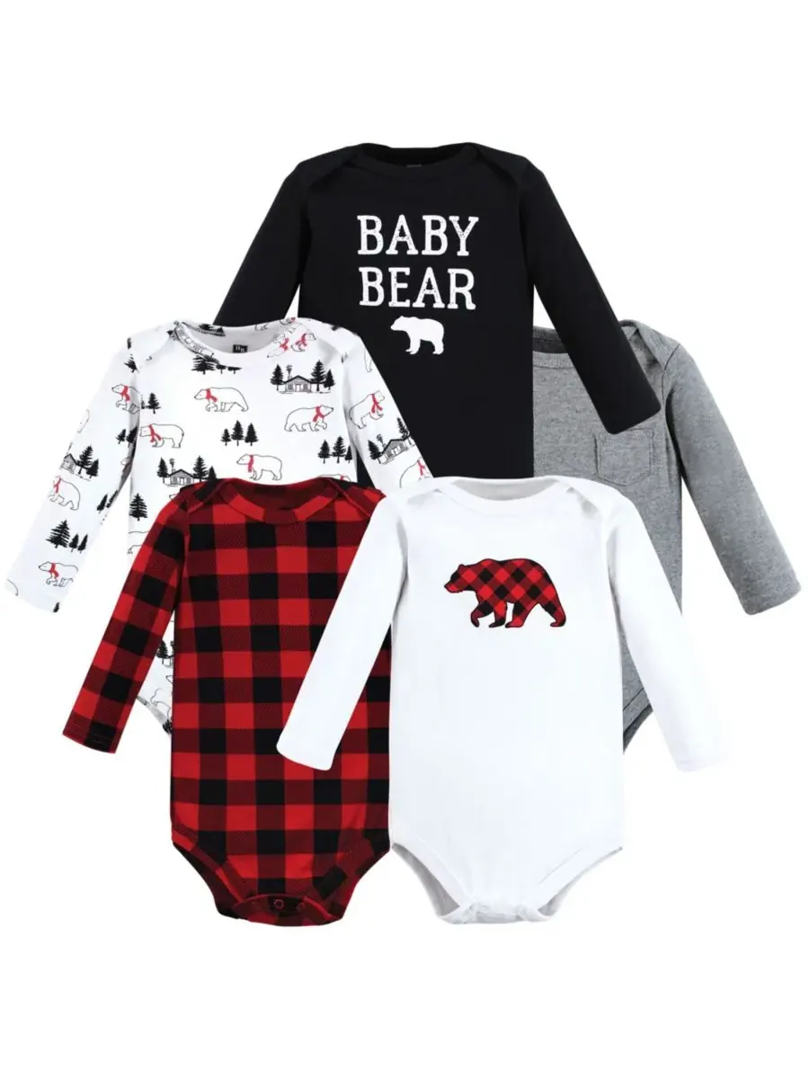 Комплект из 5 мягких хлопковых боди с длинными рукавами Hudson Baby, Buffalo Plaid Bear — изображение 1 из 3