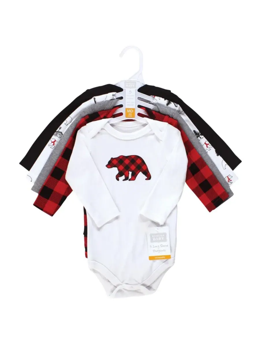 Комплект из 5 мягких хлопковых боди с длинными рукавами Hudson Baby, Buffalo Plaid Bear — изображение 2 из 3