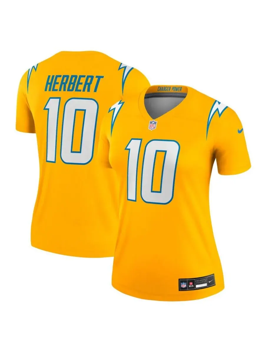Nike Женская золотая футболка Justin Herbert Gold Los Angeles Chargers Alternate Charger Power — изображение 1 из 3, золото