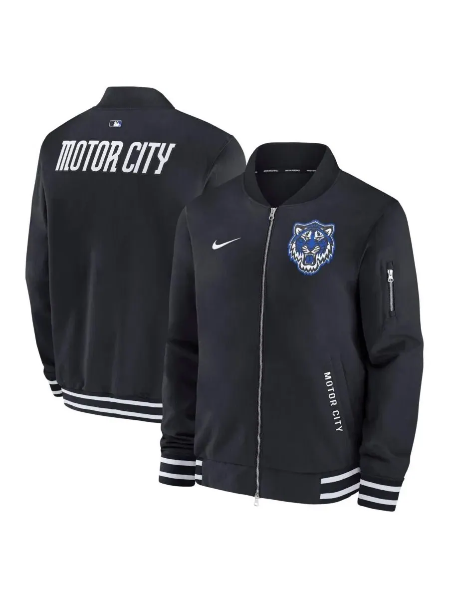 Мужская черная куртка-бомбер Detroit Tigers Authentic Collection City Connect на молнии Nike — изображение 1 из 3, черный